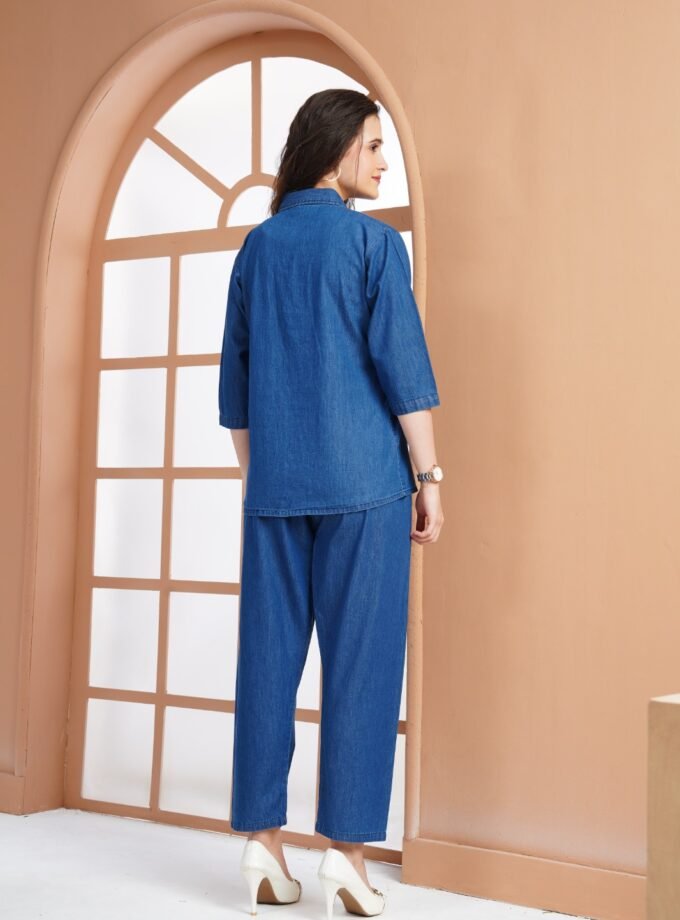 Womy Denim Button-Up Co-ord Set for Women – Stylish Denim Top & Pant Set, Comfortable Casual Wear